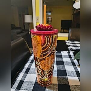 Starbucks Cup w/Floral Straw Topper - Pink and Orange